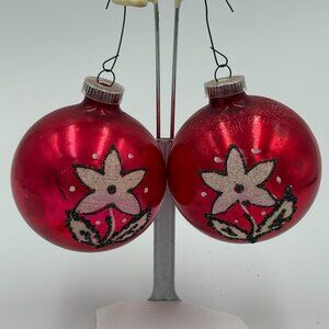 2 Vintage Austrian Plastic Cap Mica Christmas glass Ornaments Red Round Flower 2